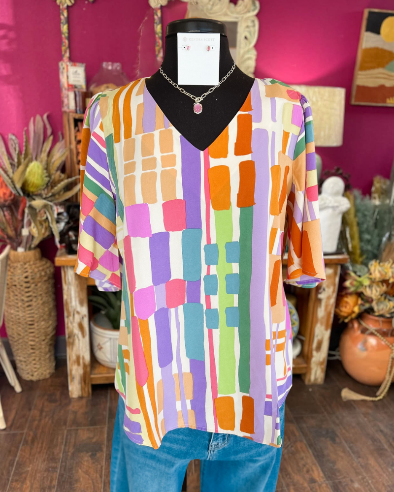 Fun Multi-Color Block V-Neck Top