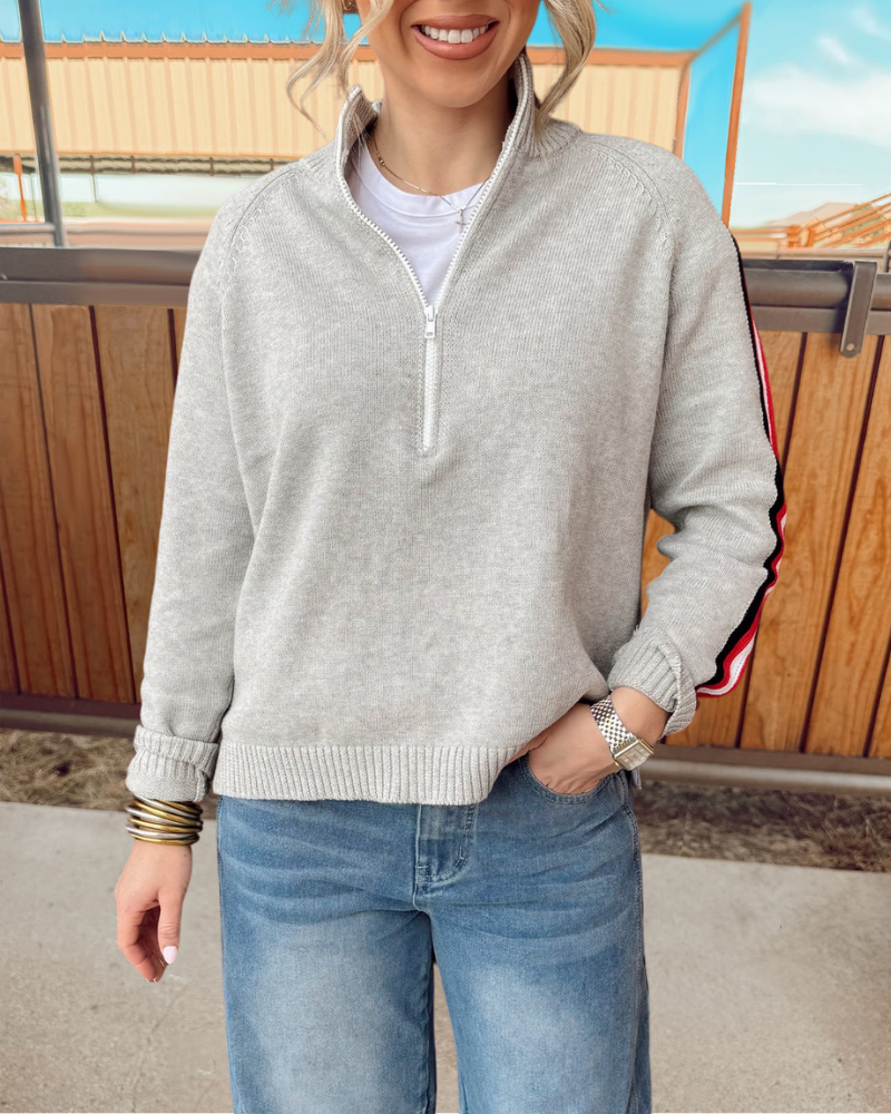 Stripe Trim Half-Zip Sweater