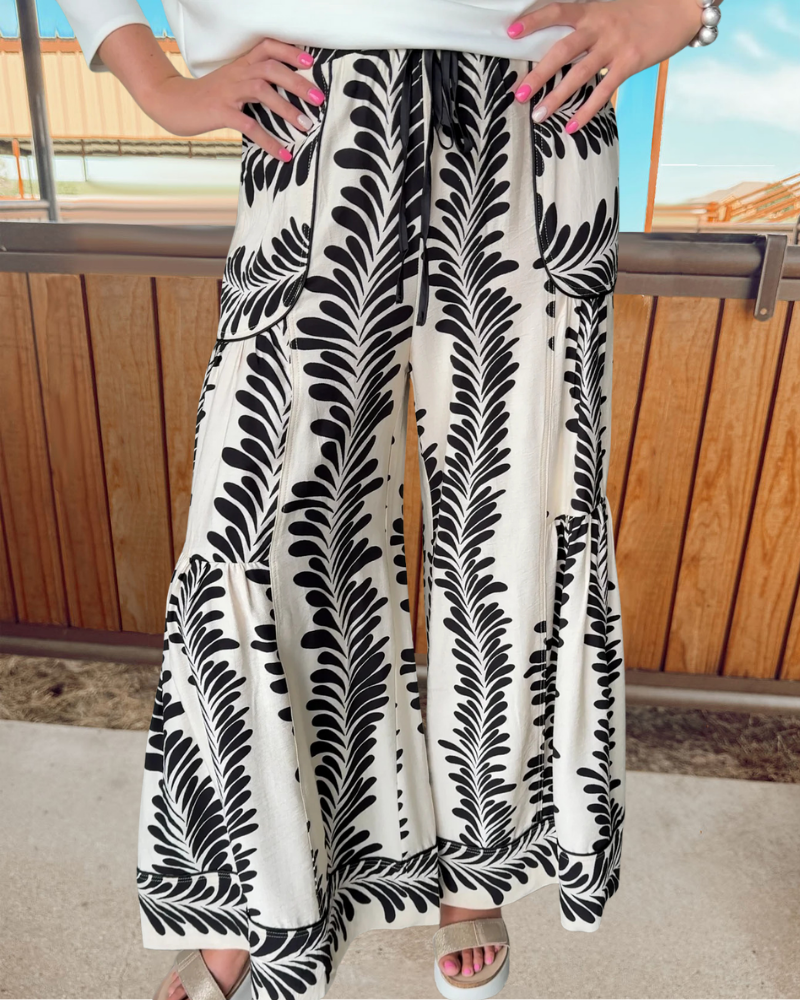 Palm Leaf Satin Wide-Leg Pants