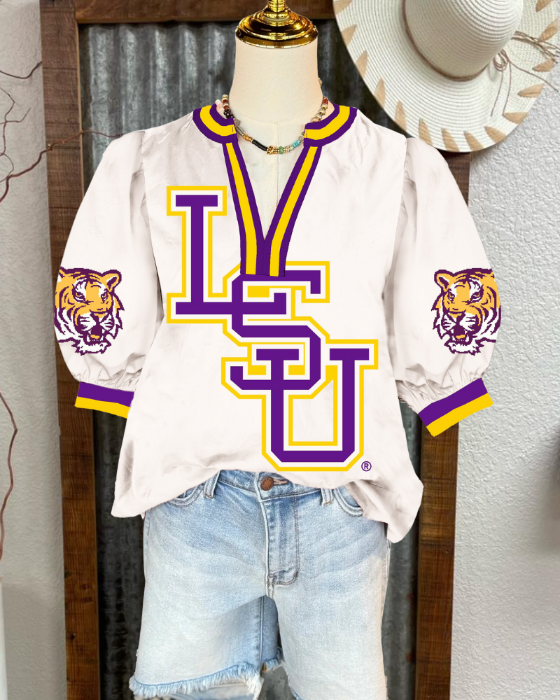 LSU Tigers Puff Sleeve Satin Top