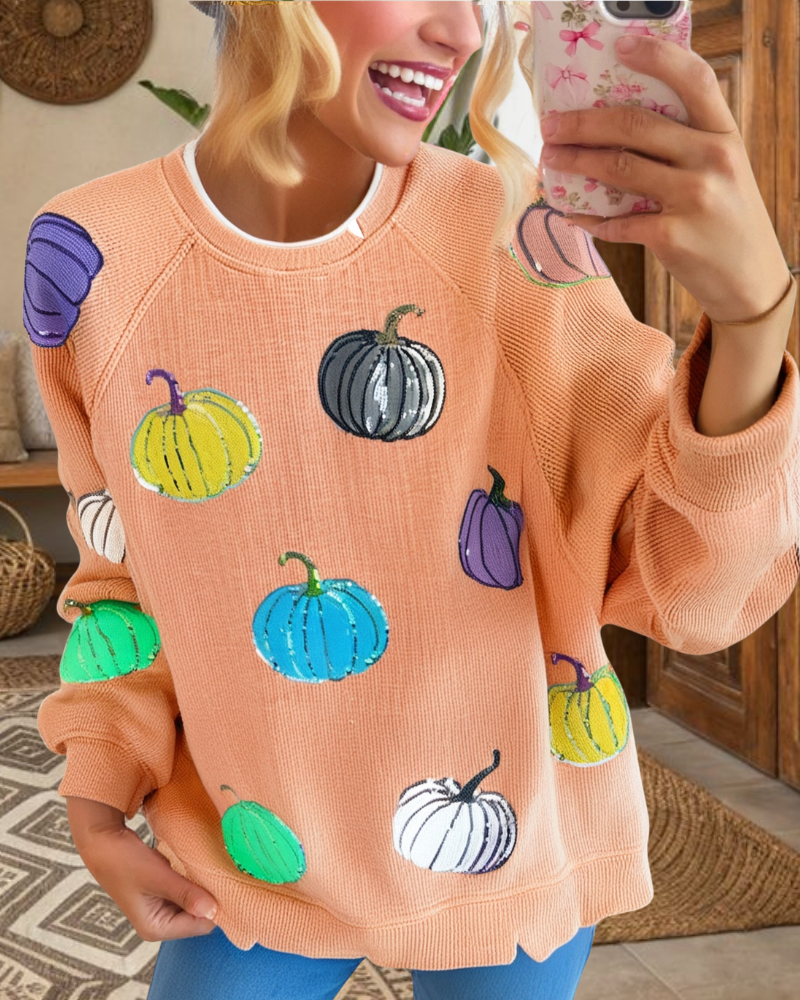 Pumpkin Sequin Ribbed Sweater