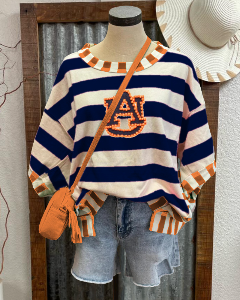 Bead Embellished Auburn Striped Top