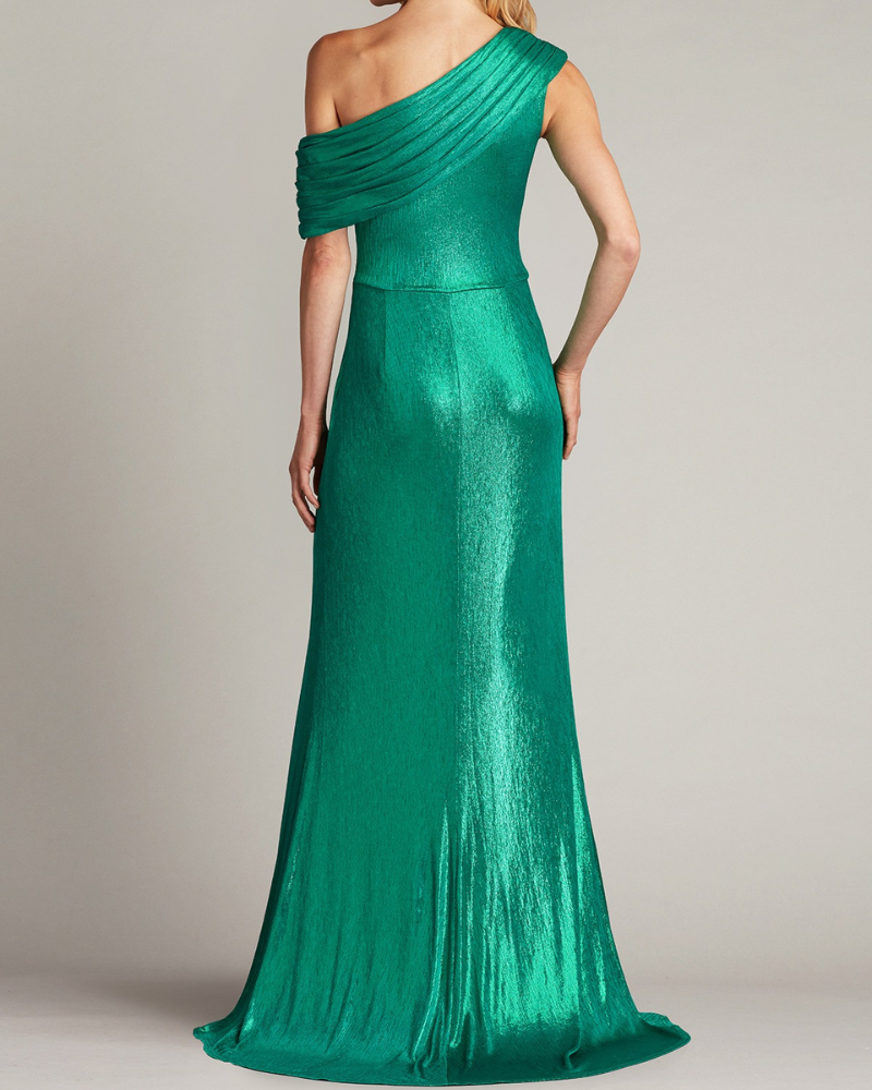 Metallic Pleated One-Shoulder Maxi Dress