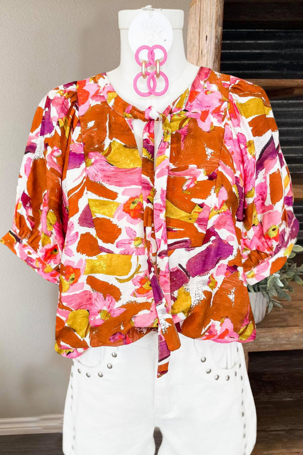 Abstract Painted Lace-Up Top