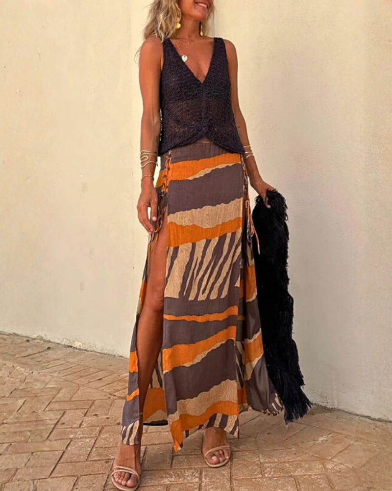 Colorblock Side-Slit Tie Skirt