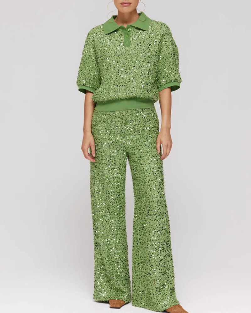 Sequined Lapel Button Pullover