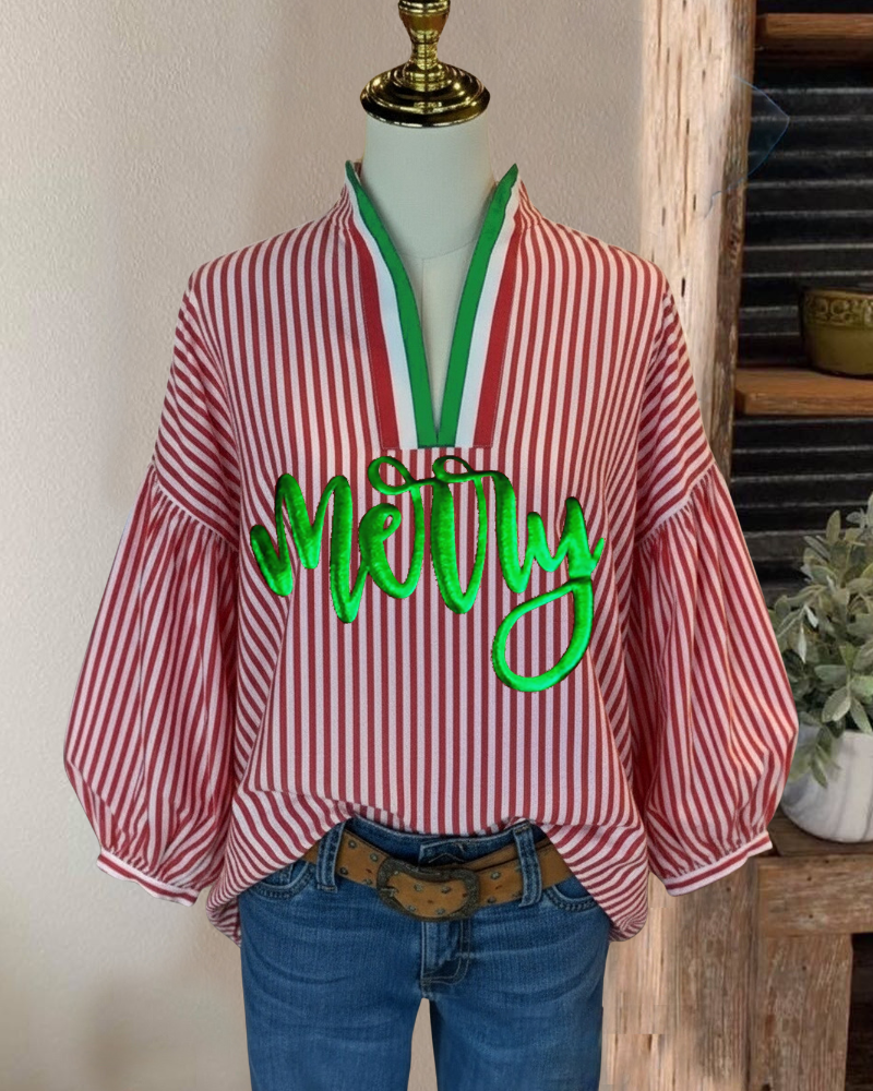 Merry Christmas Striped V-Neck Top