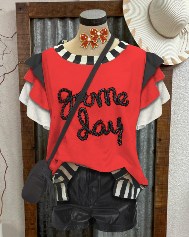 Game Day Embroidered Ruffle Top