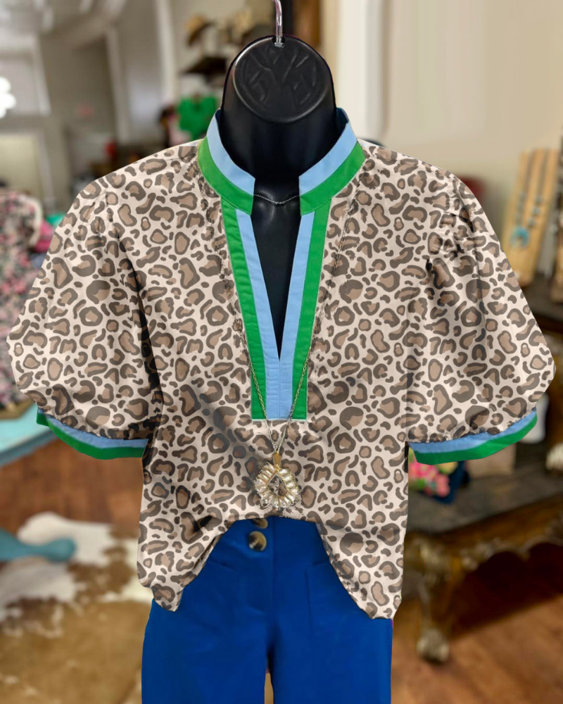 Stylish Leopard Stripe Trim V-Neck Top