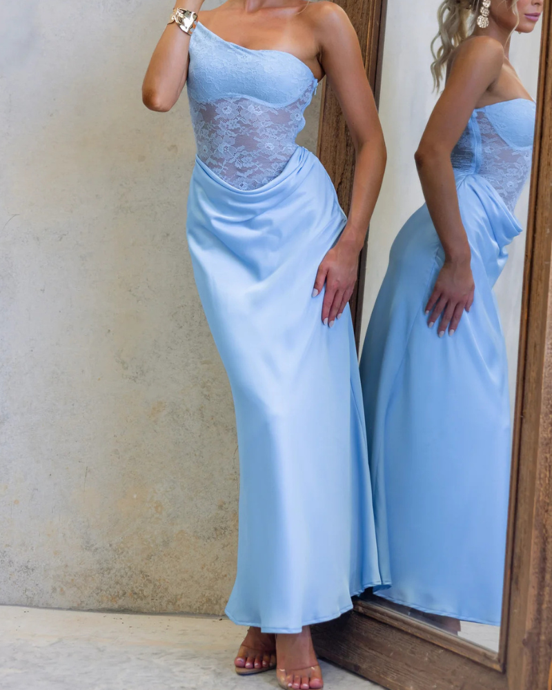 One-Shoulder Lace Satin Maxi Dress