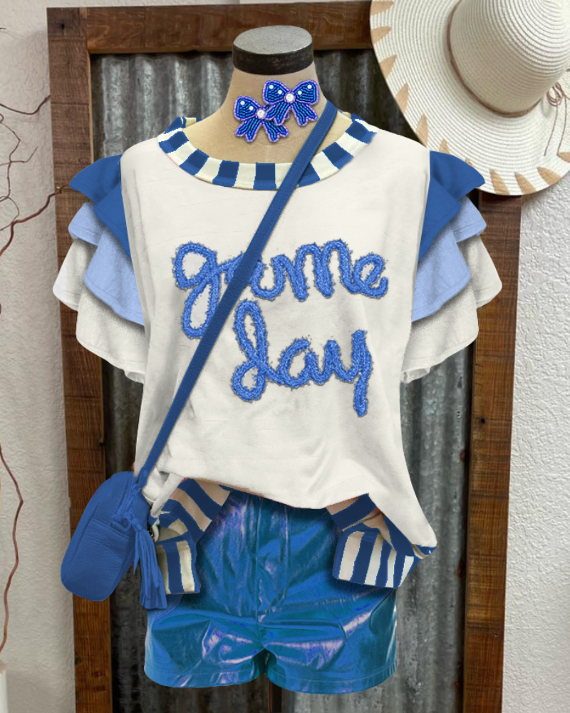 Game Day Embroidered Ruffle Top