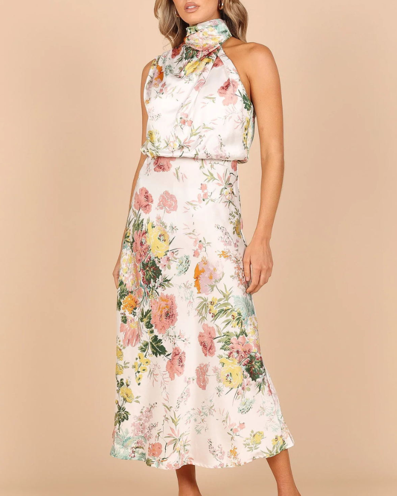 Slim Floral High-Neck Midi Dress