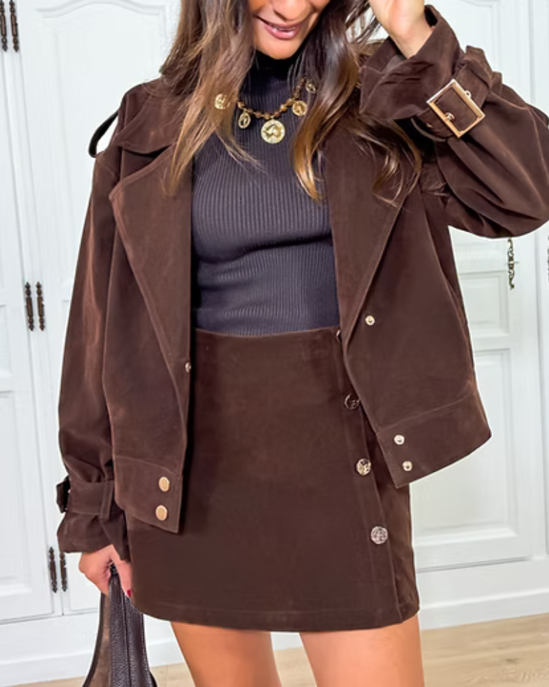 Retro Suede Button Jupe Short