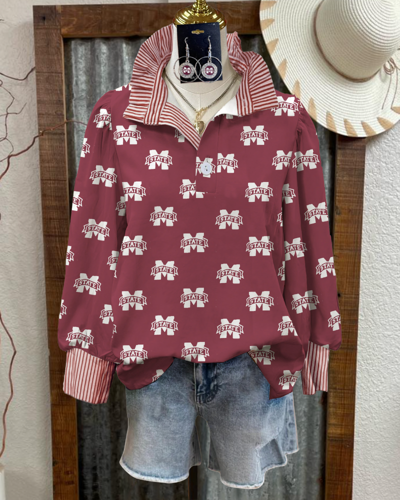 MSU State Ruffled Striped Trim Top
