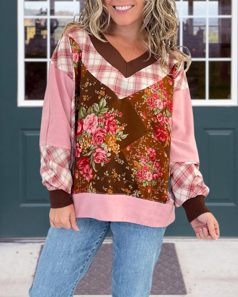 Floral Plaid Patchwork V-Neck Top
