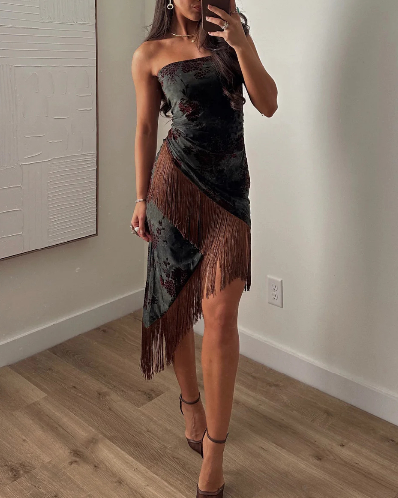 Floral Tassel Strapless Dress