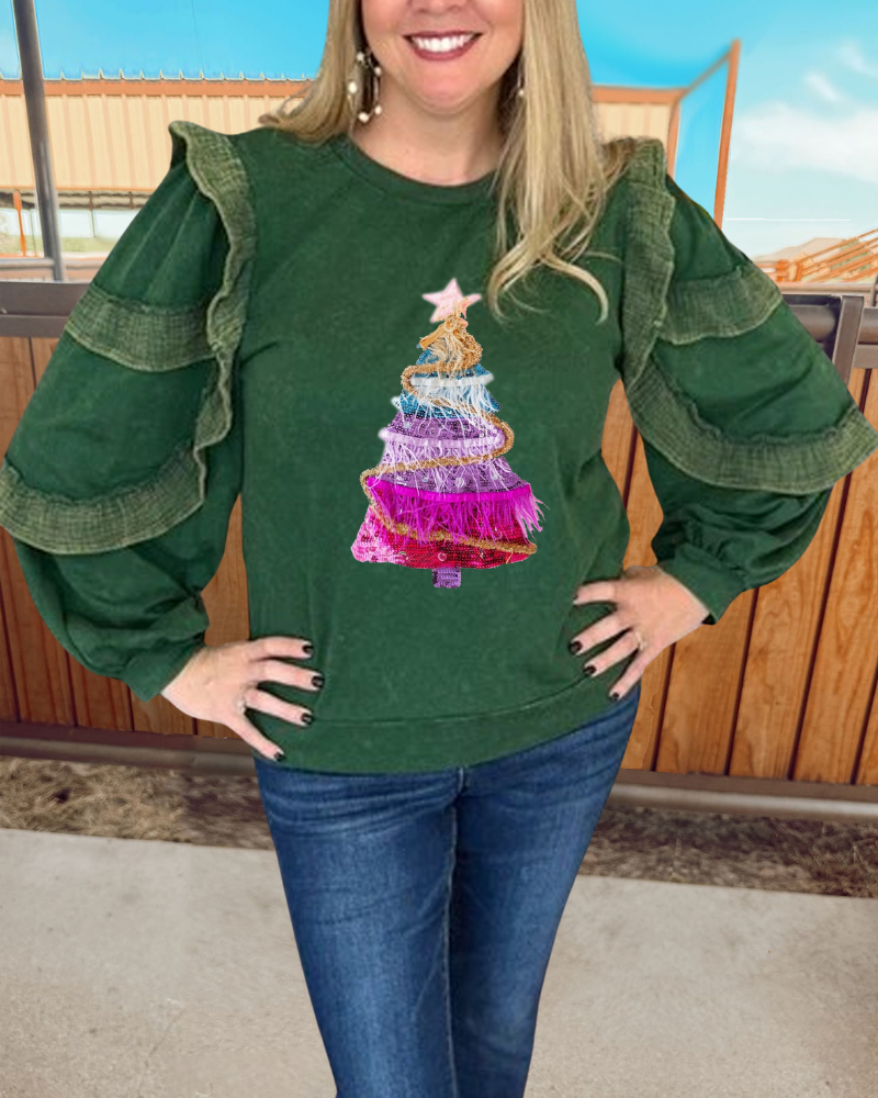Sequin Tree Ruffle Sweatshirt