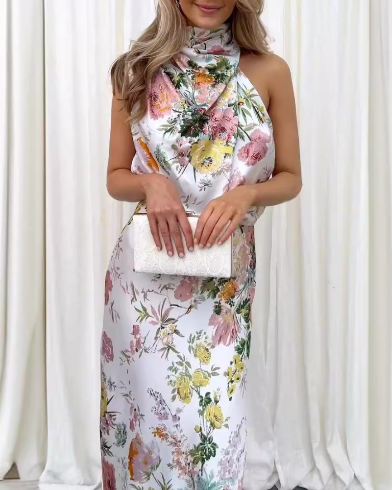 Slim Floral High-Neck Midi Dress