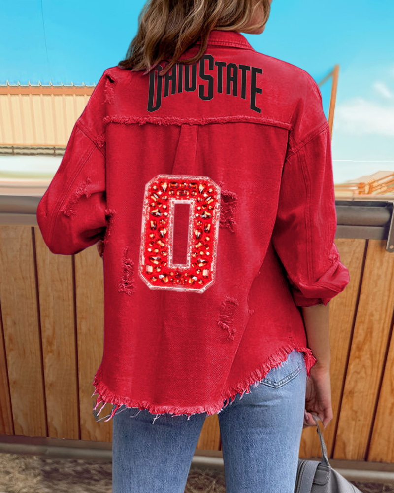 OHIO Sequined Distressed Denim Jacket