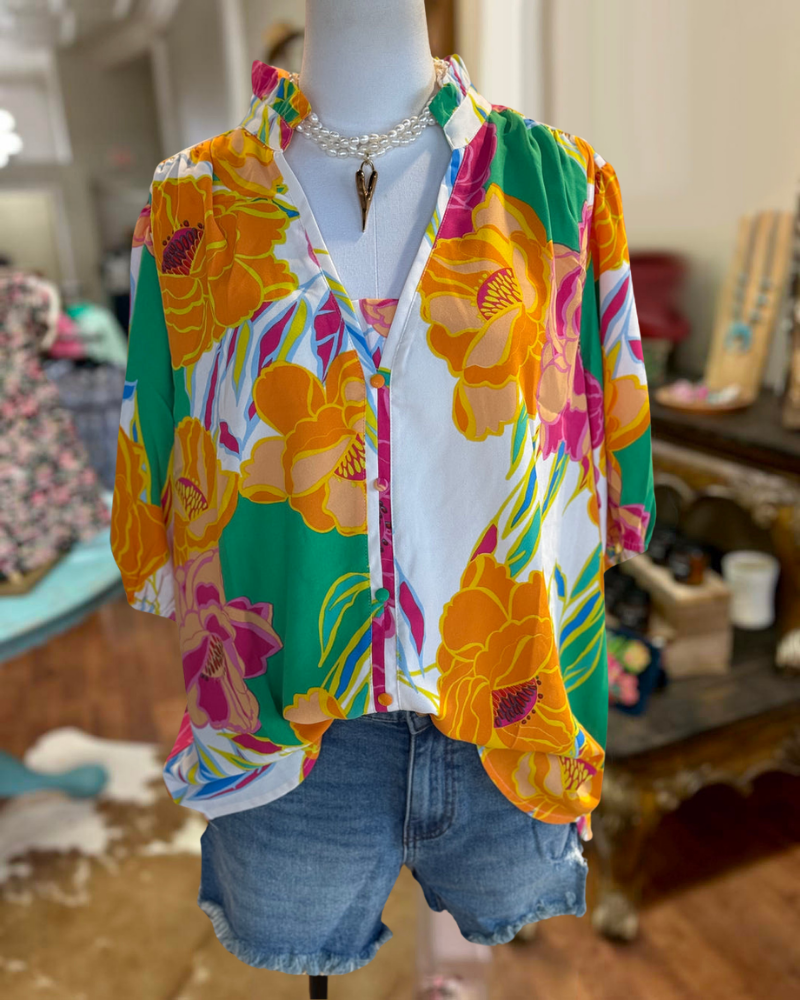 Blooming Flower Colorblock V-Neck Top
