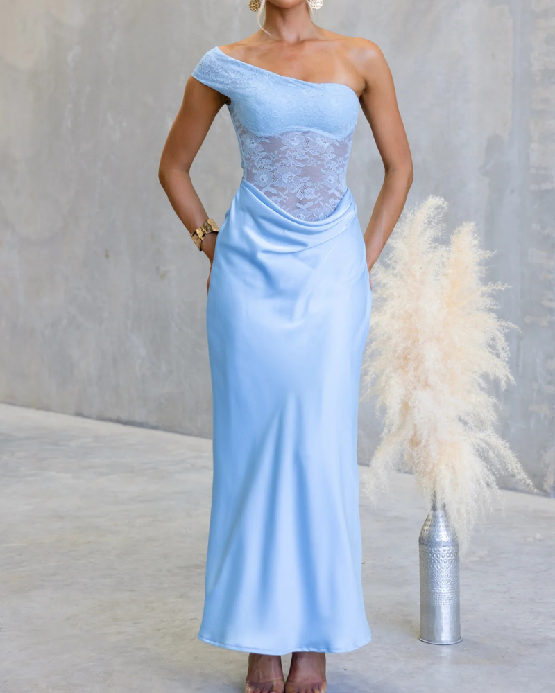 One-Shoulder Lace Satin Maxi Dress