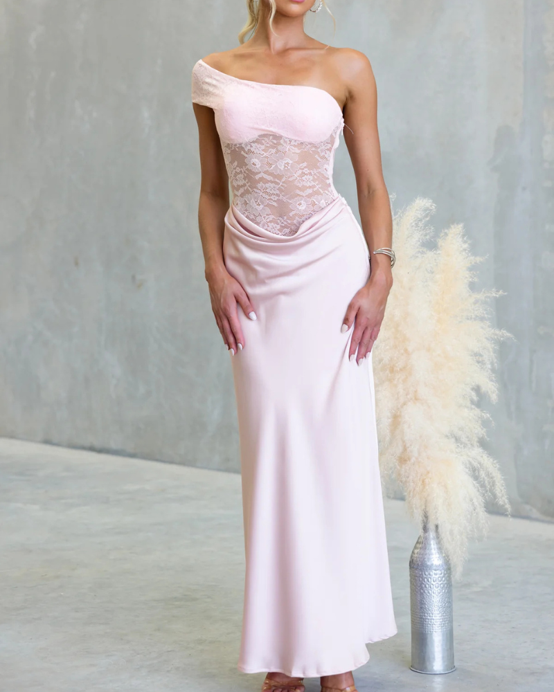 One-Shoulder Lace Satin Maxi Dress
