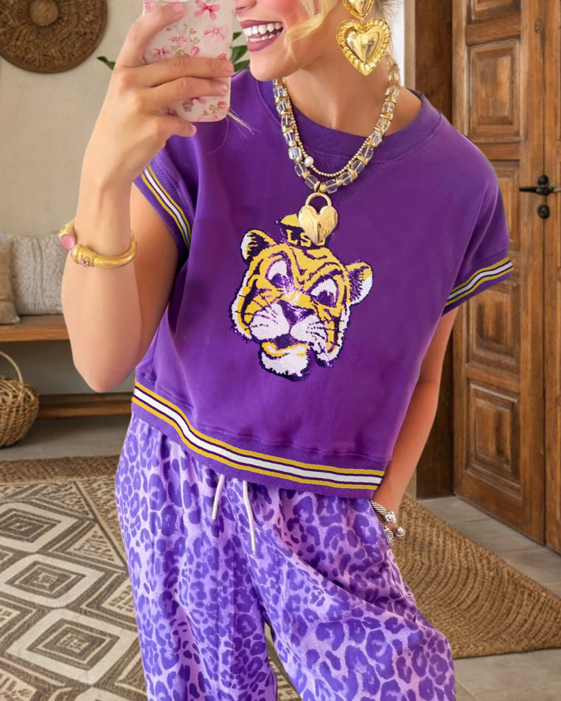 LSU Tiger Sequin Stripe Trim Top