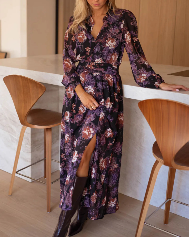 Floral Chiffon V-Neck Maxi Dress