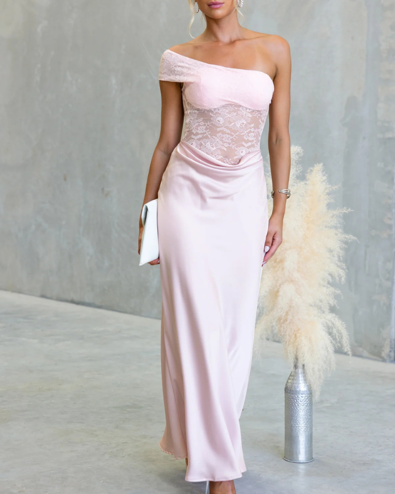 One-Shoulder Lace Satin Maxi Dress