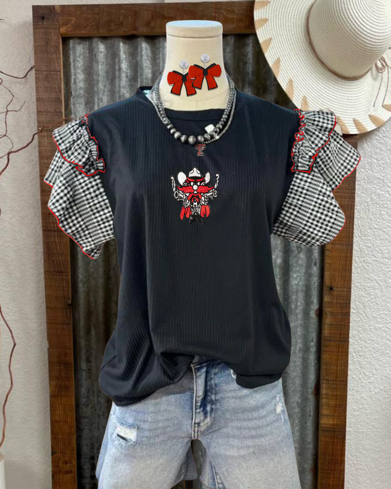 Red Raiders Embroidered Ruffle Plaid Top