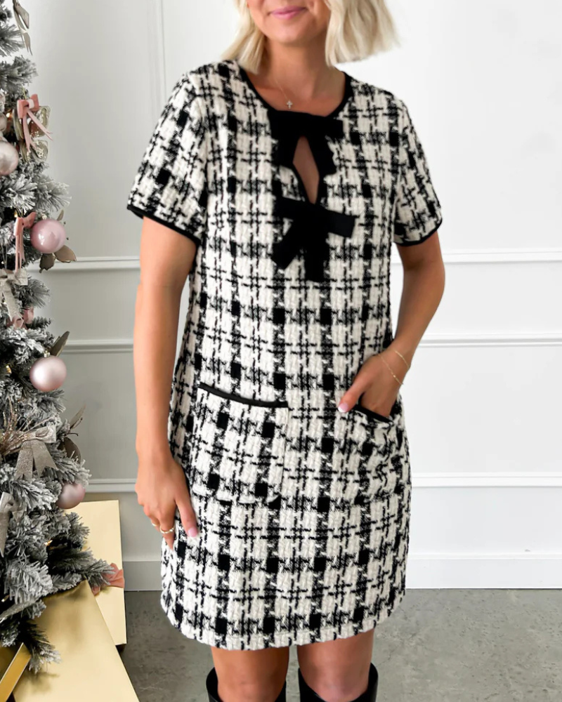 Plaid Bow Tweed Mini Dress