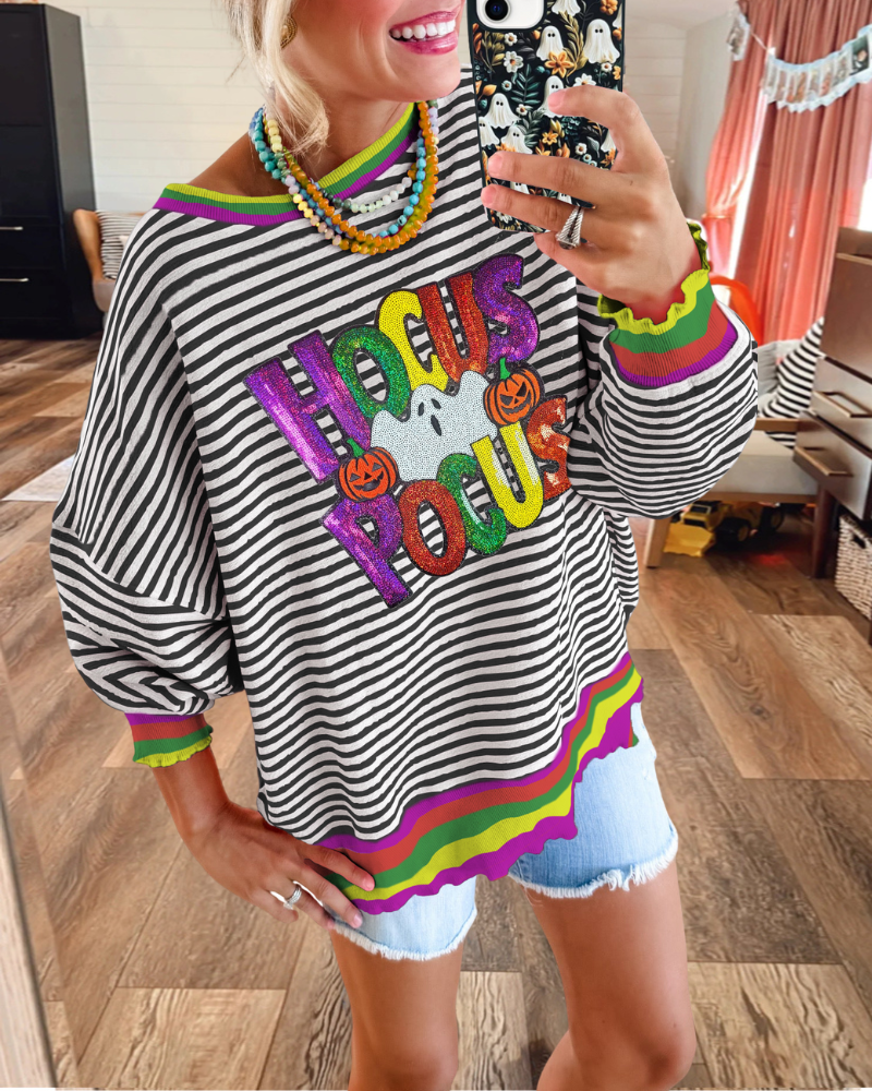 Fun Halloween Themed Sequin Striped Sweatshirt