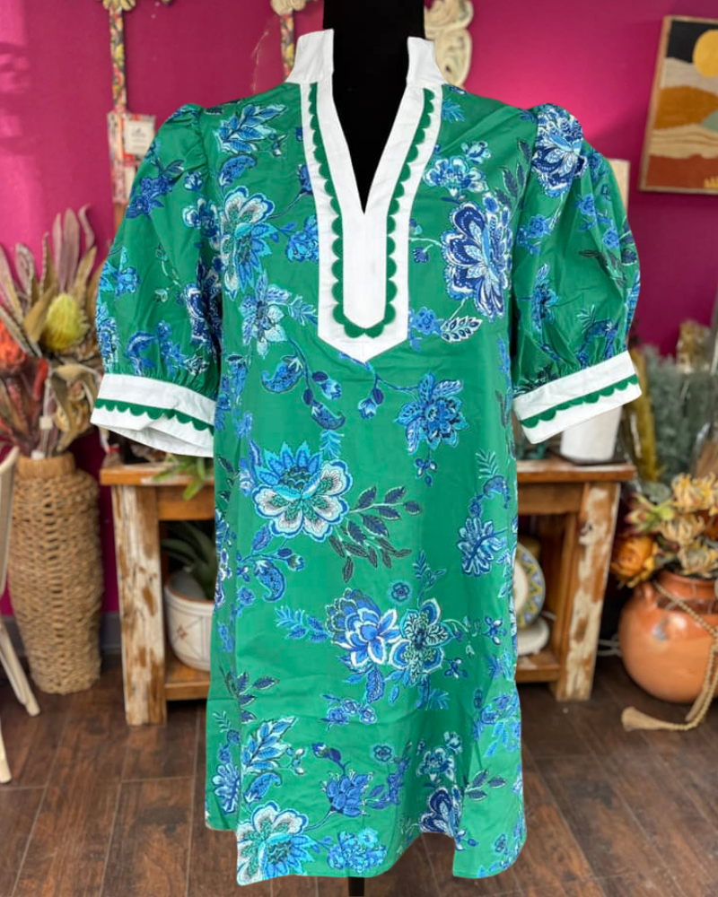 Floral Embroidered Wavy Trim Dress