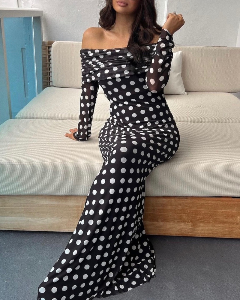 Slim Polka Dot Off-Shoulder Maxi Dress