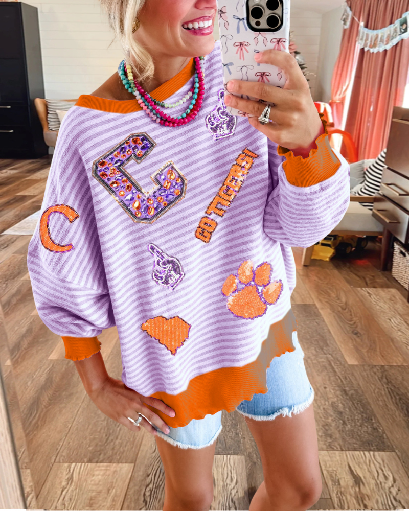 Sparkled Clemson Tigers Striped Sweatshirt