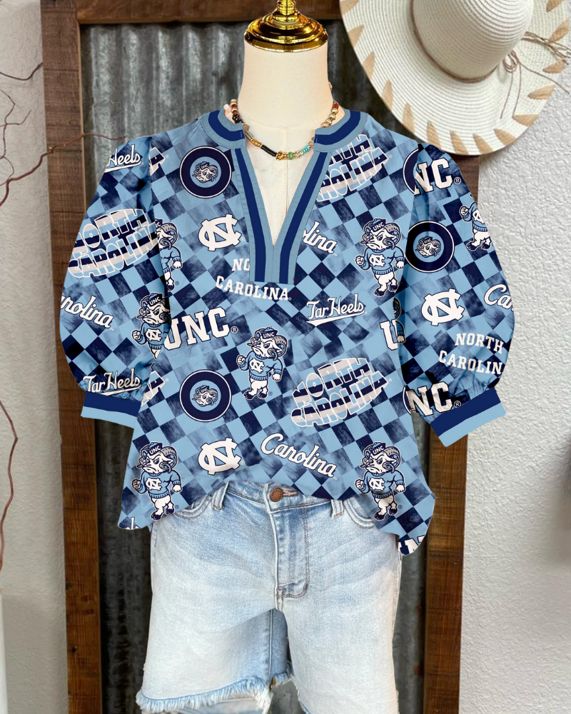 UNC Carolina Puff Sleeve Satin Top