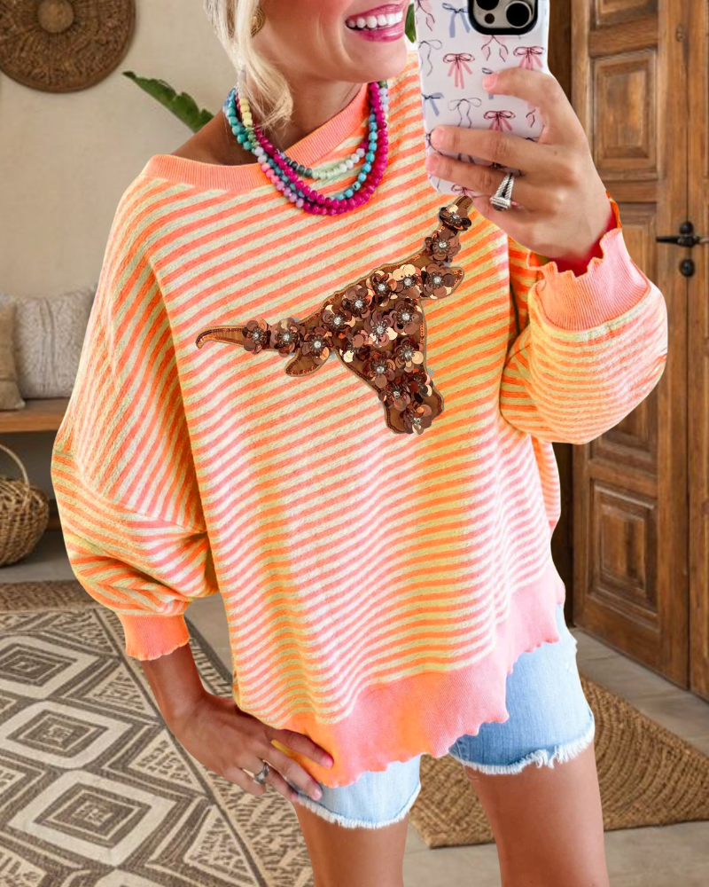Unique Cow Sequin Striped Sweatshirt