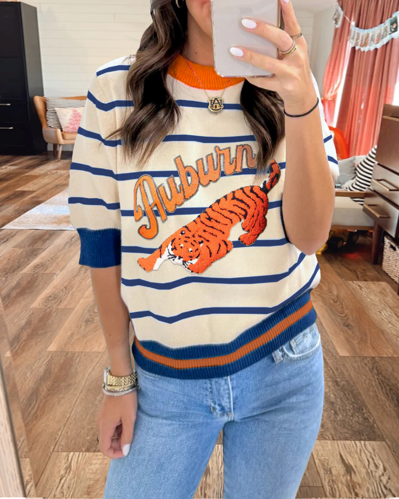 Auburn Tiger Embroidered Striped Sweater