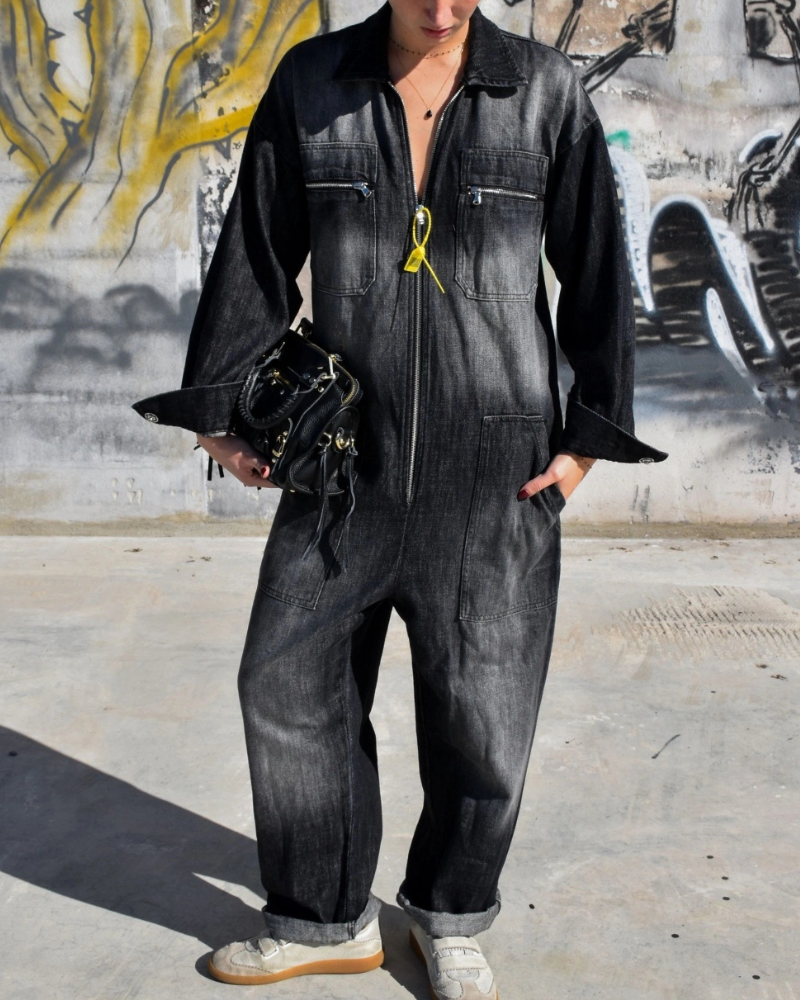 Oversized Zippered Lapel Jumpsuit