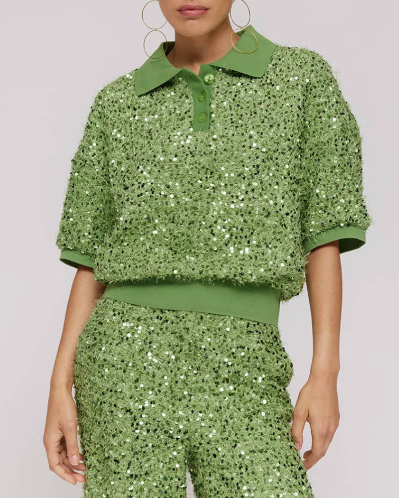 Sequined Lapel Button Pullover