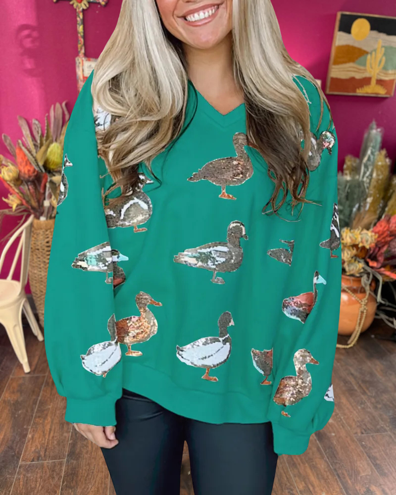 Scattered Duck Sequined V-Neck Sweatshirt