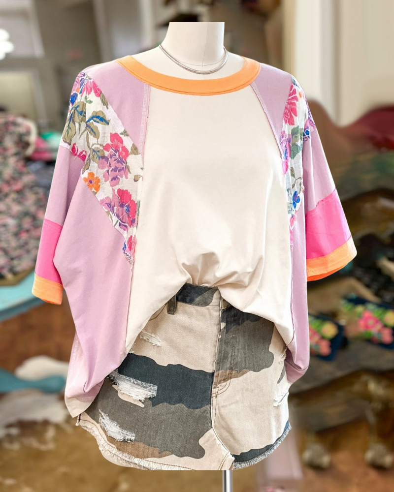 Floral Seams Color Block Oversize Tee
