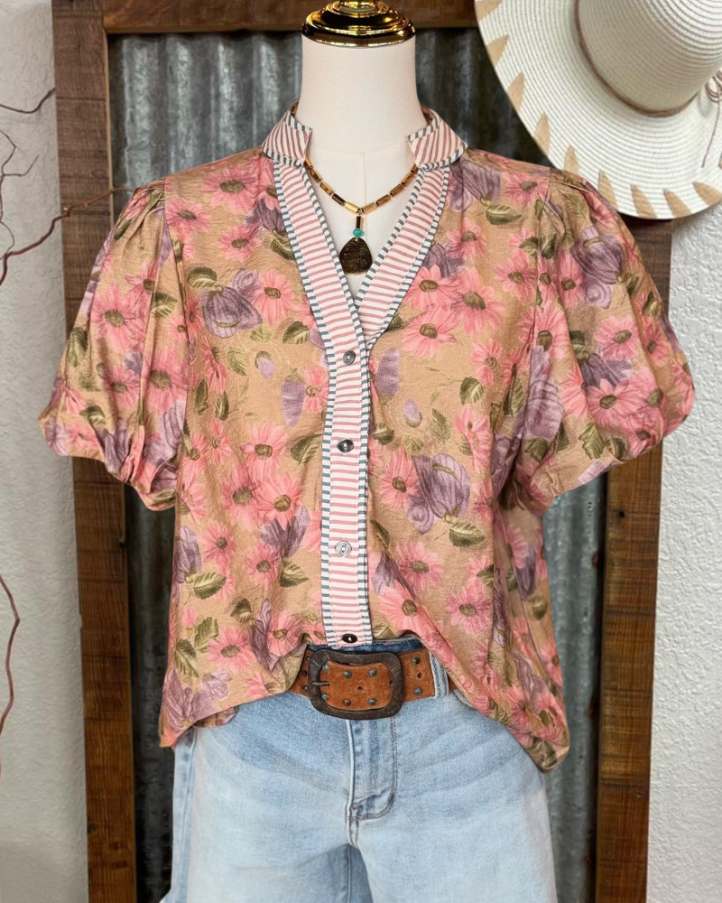 Elegant Floral Stripe Trim Blouse