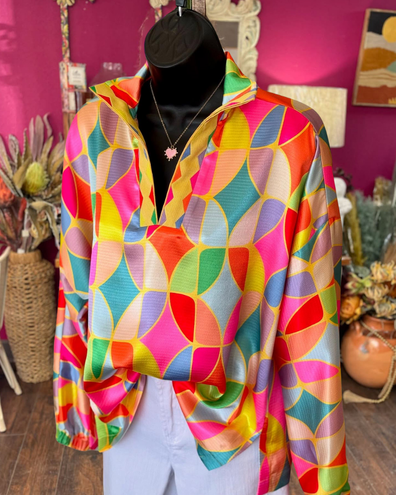Bright Colorful Geometric Satin Top