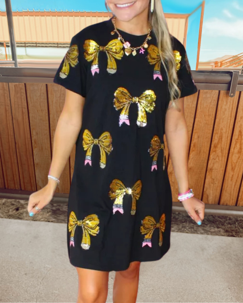 Shiny Bow Sequin Mini Dress
