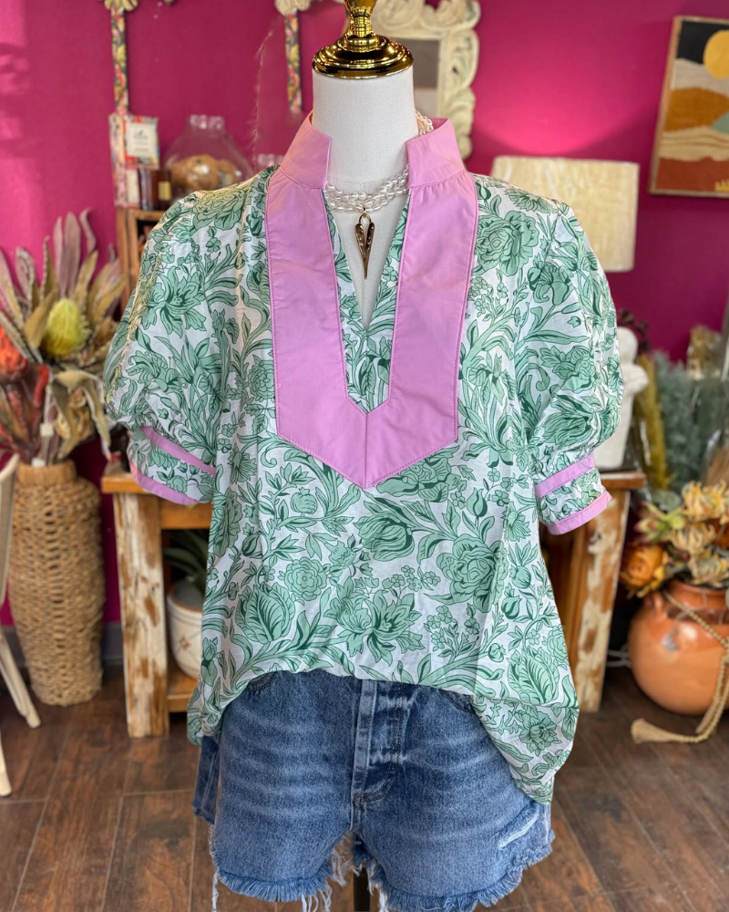 Colorblock Trim Floral Top