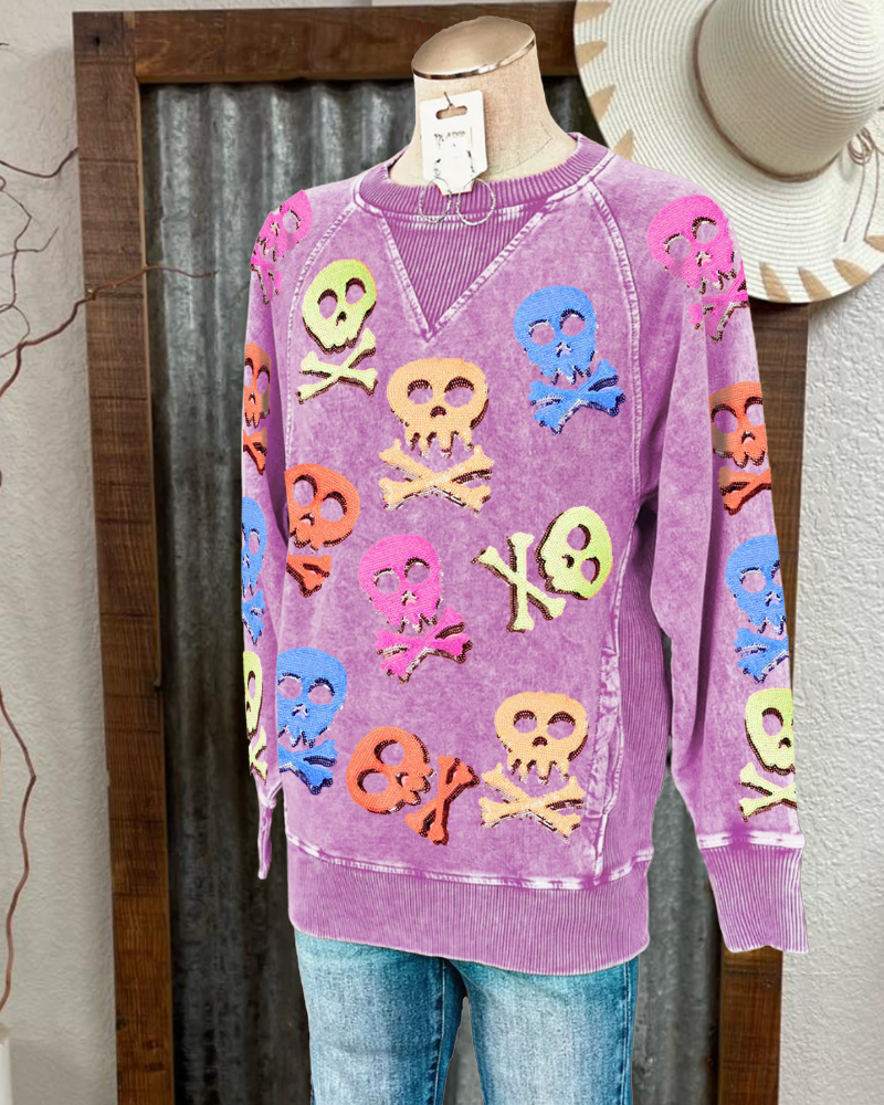 Fun Skull Print Washed Sweatshirt