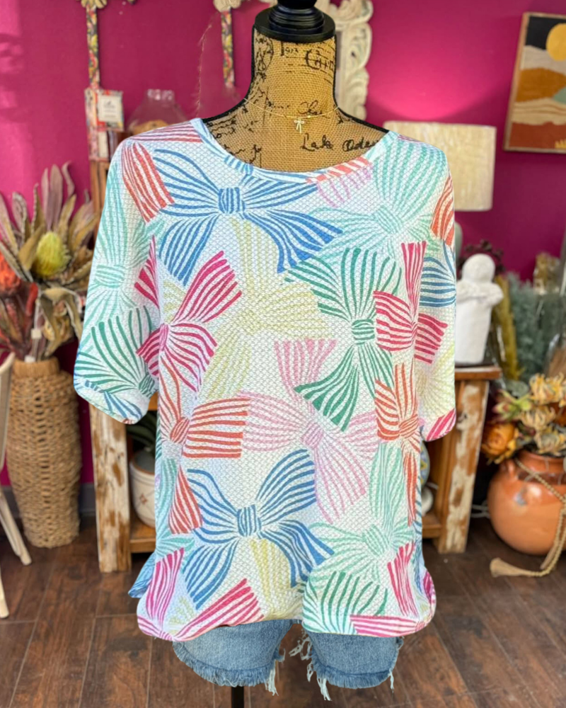 Colorful Bow Textured Striped Top