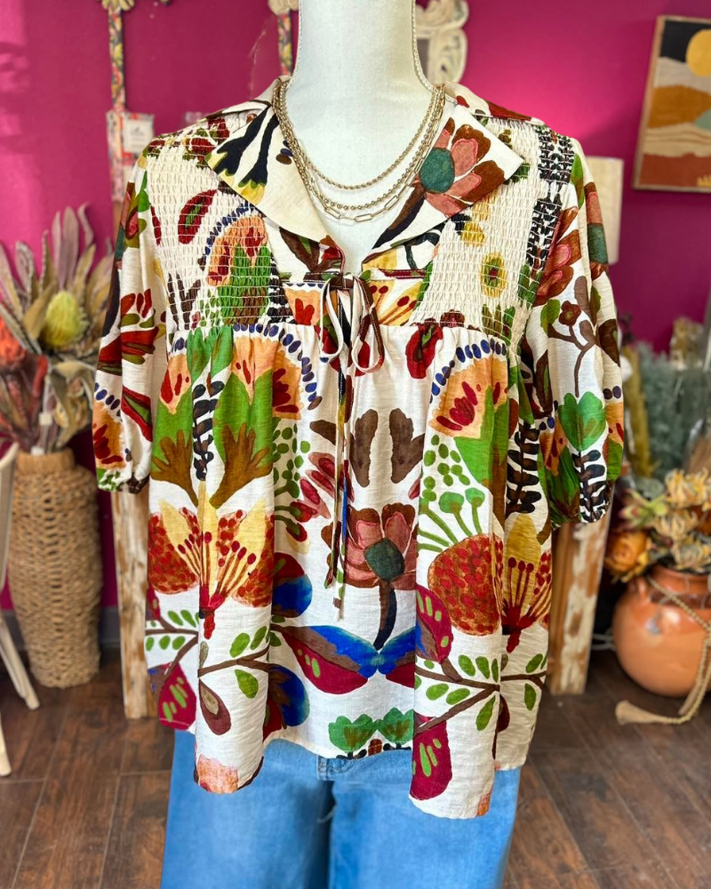 Nature Floral Leaves Pleated Top