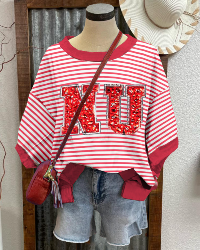 NU Sequined Rhinestone Striped T-shirt